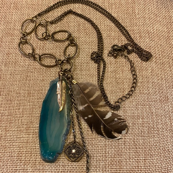 Agate Stone Handcrafted Boho Unique Feather Necklace Handmade - Picture 2 of 9